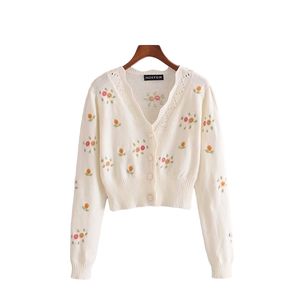 Femmes élégantes Pull de broderie florale Automne Sweet Dames Dentelle V-Cou Tricoté Tops Streetwear Femme Chic Filles 210427