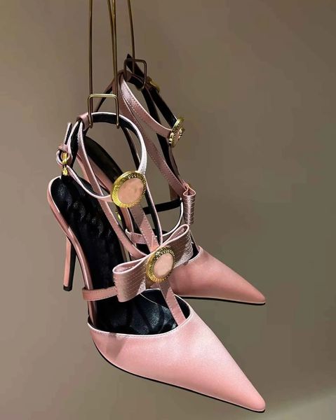 Mujeres elegantes Gianni Ribbon Cage Sandalias Zapatos Satén Negro Rosa Amarillo Punta estrecha Bombas Fiesta Boda Tacón alto Lady Slingback EU35-43