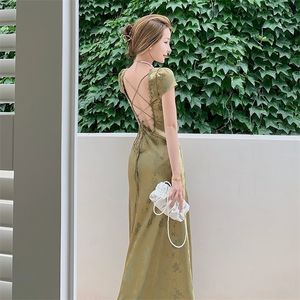 Elegante vrouwen groen satijnen backless mixi jurk korte mouw kanten vneck bandage vintage bodycon jurk robe zomervestidos 220611