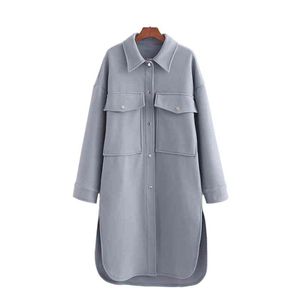 Femmes élégantes gris bleu laine pardessus mode dames poche longs manteaux Streetwear femme Chic col rabattu manteau 210430