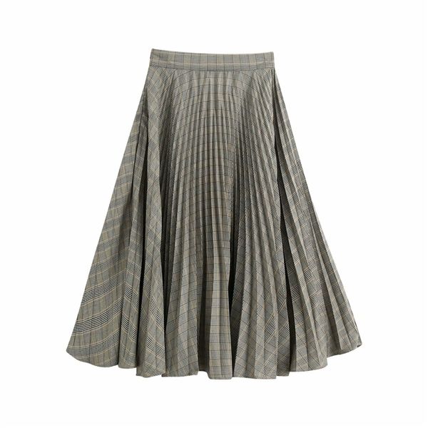 Femmes élégantes gris jupe à carreaux automne mode dames taille haute plissée s vintage femme fermeture éclair longues filles chic 210427