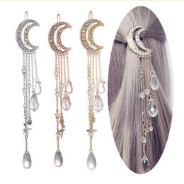 Femmes élégantes bandes de cheveux dame lune strass cristal gland longue chaîne perles balancent épingle à cheveux pince à cheveux bijoux de cheveux GC1098
