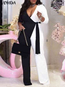 Elegante dames jumpsuits 2022 Vonda brede been broek Lady broek Casual palazzo broek sexy v nek patchwork tuniek jumpsuits y220511