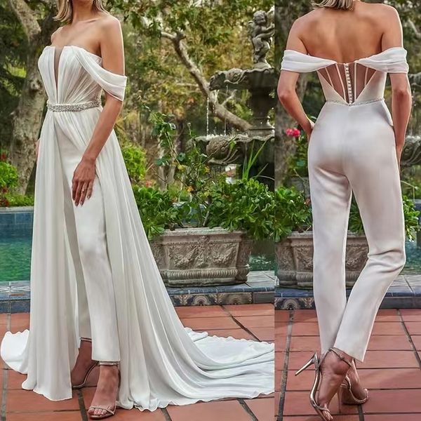 Femmes Élégantes Combinaisons Robe De Mariée Avec Des Cristaux De Train Amovibles Sash Plis Satin Mousseline De Soie Elopement Robes Hors Épaule Corset Boho Ivoire Mariée Pantalon Porter