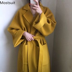 Elegante vrouwen lange mix jas met riem winter dikker losse opensteek vrouwelijke wollen jassen dames uitloper overjas 210518