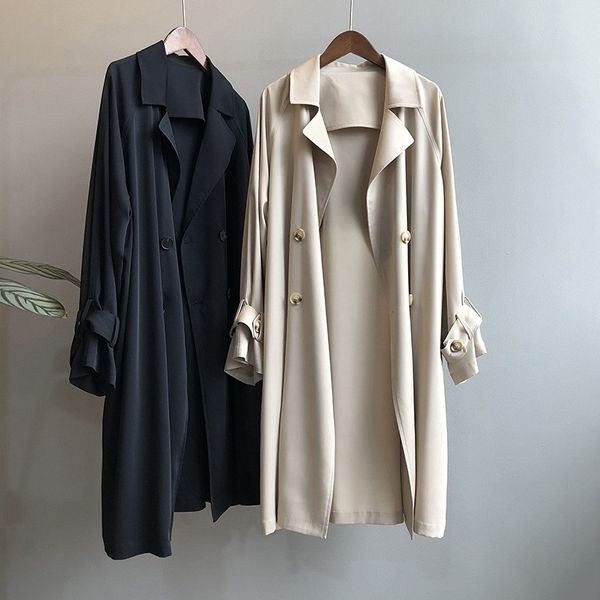 Abrigo largo elegante para mujer Casaco primavera otoño cuello vuelto doble botonadura gabardina coreana mujer abrigo cortavientos 210602