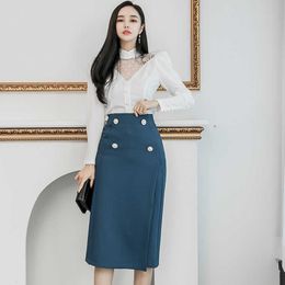 Élégant femmes bureau dame OL vêtements de travail maille Patchwork Blouse haut et taille haute Midi jupe crayon 2 pièces costume ensemble 210529