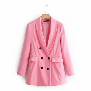 Femmes élégantes rose blazers mode dames double boutonnage vestes costumes décontracté femme à manches longues blazer manteaux filles chic 210427