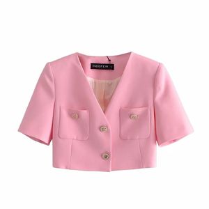 Femmes élégantes rose Tweed recadrée Blazer veste été simple boutonnage Double poches à manches courtes veste manteau Chic hauts 210521