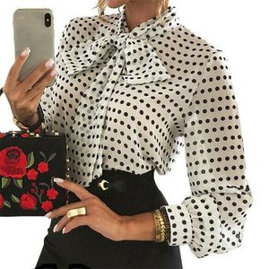 Elegante vrouwen Polka Dot Blouses Formele kantoor Lady Bow Tie lange mouw shirts mode puff puff mouw chiffon blouses tops 220812