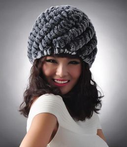 Femmes élégantes vraie fourrure tricot chapeau lapin fourrure casquette hiver chaleur Beanie/crâne casquettes bonnet