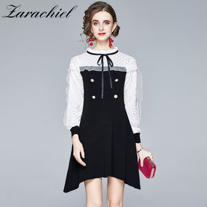 Elegante mujer volantes manga larga Patchwork tejido otoño mujer dulce arco Collar perlas botones suéter Delgado vestido de fiesta 210416