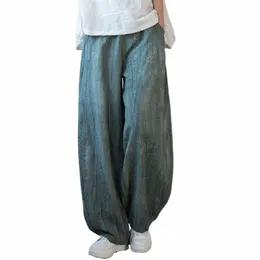 Elegantes mujeres Cott Lino Baggy Cargo Pantalones Vintage Cintura elástica Pantalones de yoga sueltos Casual LG Pierna ancha Ropa de gran tamaño w60v #