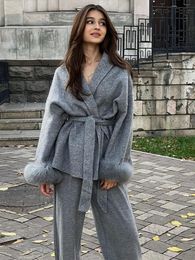 Elegante abrigo largo de lana para mujer con cinturón de otoño invierno gris sencillo abrigo cálido de manga larga ropa de calle informal y de moda para mujer 240102