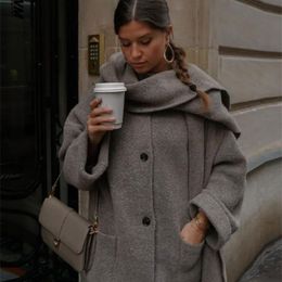 Manteau Long en mélange de laine pour femmes, élégant, avec écharpe, manches Vintage, vestes à boutons, automne hiver, pardessus ample pour dames, 240102