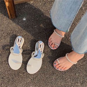 Elegante Vrouwen Sandalen Slippers Lage Hakken Zomer Clip Teen Hollow Strand Schoenen Zachte Soles Pearl Design Casual Slides Flip Flop 210513