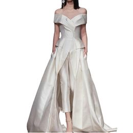 Elegante vrouwen satijn jumpsuit avondjurken een lijn lange mouw formele feestjurken uit de schouder V-hals speciale gelegenheid jurken prom draag robe de soriee