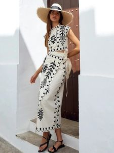 Elegant Women Sets Cotton Linen Vintage Top Skirt 2 Piece Bohe Ladies Chic Crop LaceUp Dress Fastfits 240422