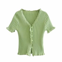 Femmes élégantes Courtes tricots d'été Verts Verts Softs Ladies V Vege Neck Tricots Filles Ruffled Girls Knitwear 210430