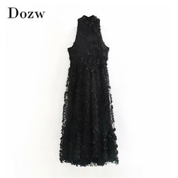 Elegante vrouwen mouwloze bloemen partij jurk kant mesh stand nek vintage lange vrouwelijke zwarte kleur mode dame maxi es 210515