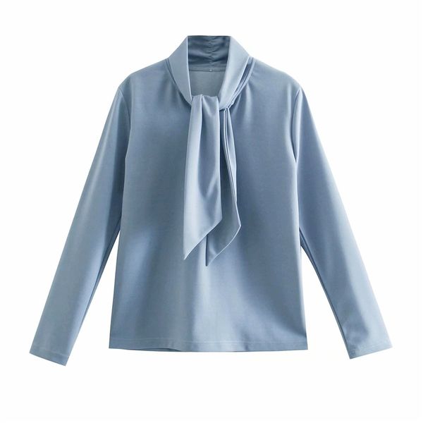 Camisas suaves y sólidas elegantes para mujer, blusas de cordón con cuello levantado para mujer, blusas azules cielo elegantes para mujer 210430