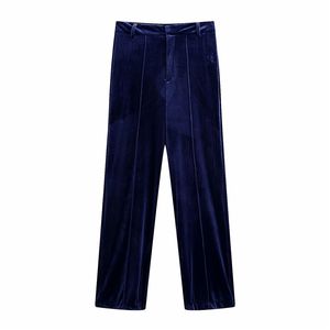 Femmes élégantes solide rayé pantalons longs mode dames pantalon droit casual femme Chic bleu épais velours 210427