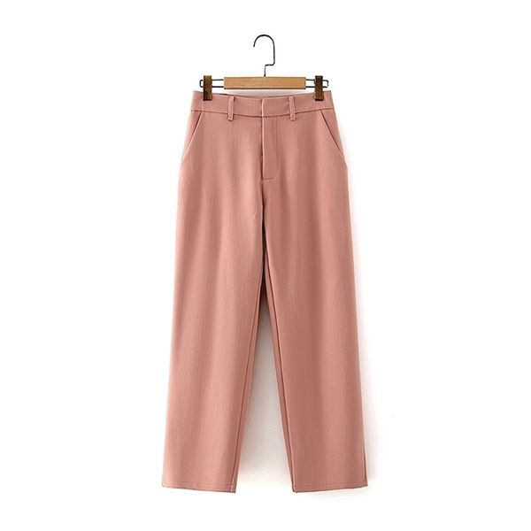 Pantalones rectos elegantes para mujer, pantalones largos con bolsillo a la moda para mujer, pantalón elegante informal para mujer de color rosa sólido para chica 210527