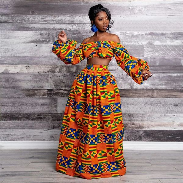 Femmes élégantes Robe set en deux pièces Sexy Slash-Neck Sans manches Blouse Top High Slit Jupe vintage Africa National Print Lady Suit 240407