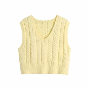 Elegante vrouwen v-hals trui vesten mode dames twist gebreide tops streetwear vrouwelijke chique effen geel losse tanks 210427