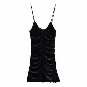 Femmes élégantes robes de velours mode dames col en v gaine drapée Sexy femme mince Mini sangle filles Chic 210427