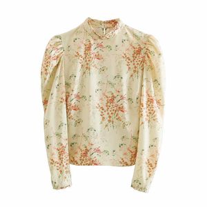 Elegante vrouwen vintage print shirts mode dames o-hals tops Chinese stijl vrouwelijke chique beige bladerdeeg mouw blouses 210527