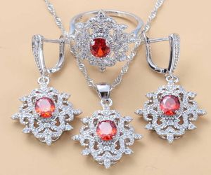 Elegante vrouwen Wedding Kostuum sieraden Sets Natuursteen Rode Garnet Dange oorbellen en kettingring Bruidsets H10228313440