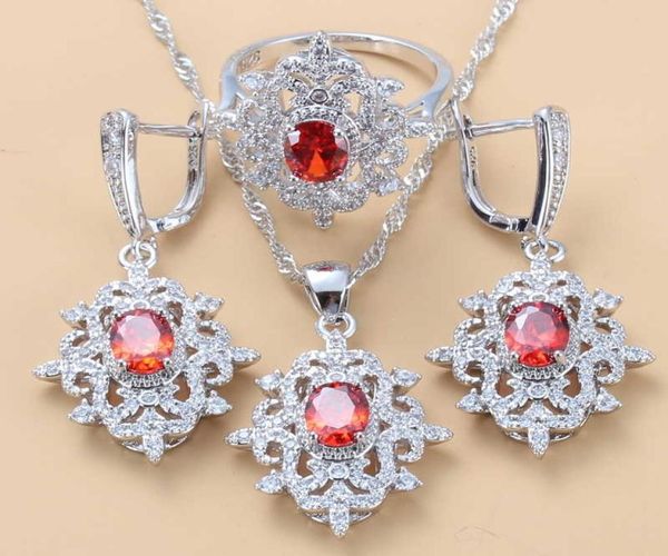 Conjuntos de joyería elegantes para traje de boda para mujer, pendientes colgantes de piedra Natural granate rojo y collar, conjuntos de anillo nupcial H10224937048