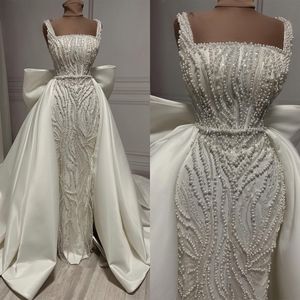 Elegante vrouwen trouwjurk vierkante hals mouwloze bruidsjurken parels strik afneembare treinjurk op maat gemaakte vestidos de novia