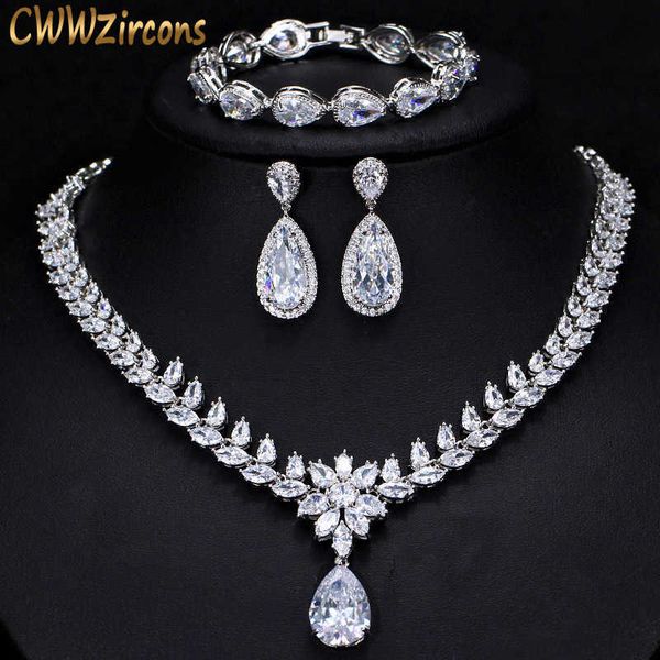 Femmes élégantes Bijoux de mariage Africain CZ Crystal Leaf Drop Collier de mariée Bracelet et boucles d'oreilles Ensembles de bijoux T294 210714 LPP8