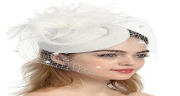 Femmes élégantes blanc noir fascinateur chapeaux 5 couleurs mariage mariée église fleurs plume filet dentelle style européen Sinamany Kentucky 3202540
