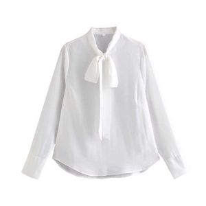 Femmes élégantes Blanc Bow Col Chemises Mode Dames Solide Mousseline Tops Doux Femme Chic Polyester Blouses Lâches 210527