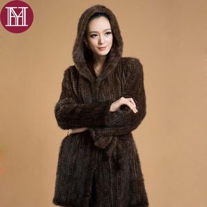 Femmes élégantes hiver tricoté veste de fourrure de vison réel avec capuche femme 100% fourrure de vison naturelle vêtements d'extérieur manteau de style long 201031