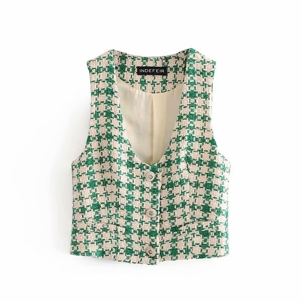 Femmes élégantes laine gilet mode dames vert plaid streetwear femme doux bouton manteau vintage filles chic 210427