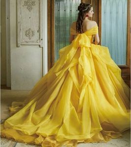 Femmes élégantes Robe de soirée jaune 2024 Train de l'épaule arc chérie longueur du sol Puff Rangs d'anniversaire Vestido Luxury Robe de Soiree