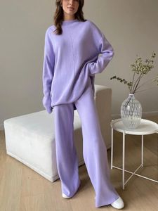 Ensembles élégants pour femmes pull tricoté et pantalon à jambes larges costume ample décontracté solide vert bleu ensemble deux pièces pour femmes 2 pièces 240122