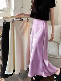 Elegantes faldas para mujer de la cintura alta Satinada Aline Falda Dama Moda Color sólido Purple Long for Women 2024 240418