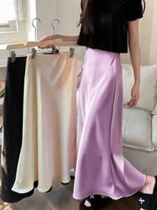 Elegante dames rokken hoge taille zijden satijn aline rok dame mode solide kleur paars lang voor vrouwen 2024 240418