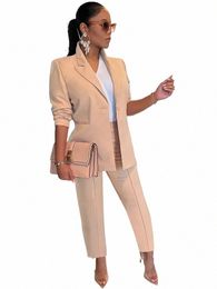 Élégant travail porter deux pièces ensemble pour les femmes simple bout à bout blazer manteau et pantalon bureau dame busin costume ensembles assortis uniforme c5JJ #