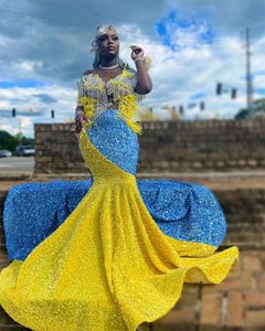 Élégant jaune et bleu paillettes sirène robes de bal fille noire avec des plumes pour la soirée de la Saint-Valentin robes de fête d'anniversaire 322