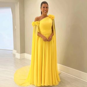 Elegante gele avondjurken Een schouder 3D Flower Chiffon Lange prom-jurken A-lijn Women Formele Party Guest Robe de Soiree