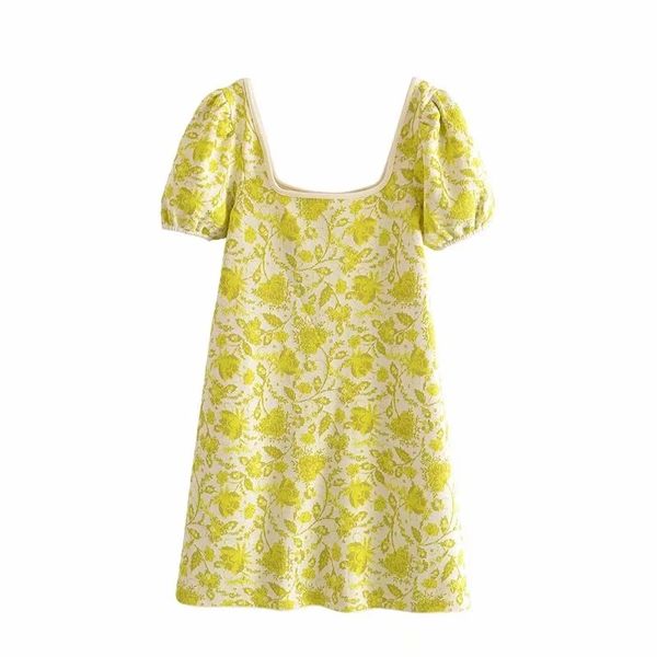 Elegante amarillo floral bordado cuello cuadrado mini vestido verano manga corta recto vestidos casuales playa vacaciones vestido 210521
