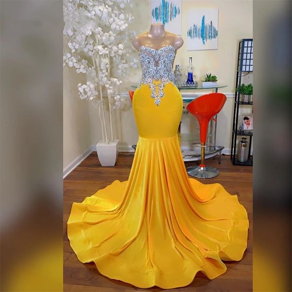 Vestido de fiesta con piedras de lluvia plateadas y terciopelo amarillo elegante para chica negra, fiesta de noche, elegante sirena de celebridad, baile de máscaras de lujo