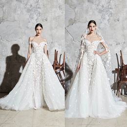 Elegante Zuhair Murad Mermaid Trouwjurken met Afneembare Trein Schouder Mouwloze Kant Bruidstoga Sweep Train Robe de Mariée