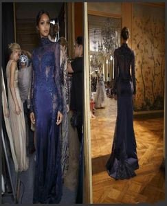 Elegante Zuhair Murad Marineblauwe Lange Zeemeermin Avondjurken Hoge Hals Kant Applicaties Kralen Illusie Feestgalajurken Speciale Occs2369178